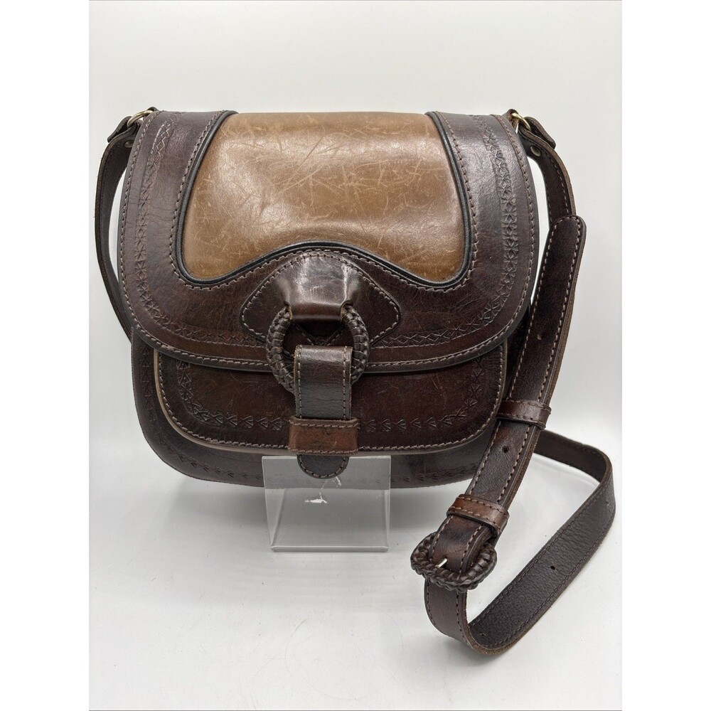 Saddle Bag Purse Anna Del Sol Embossed Brown Leather Crossbody